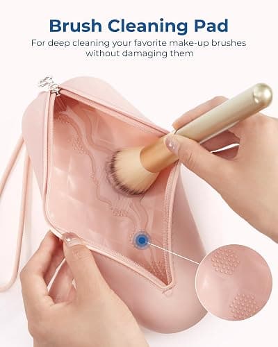 BAGSMART Makeup Brush Holder Bag, Travel Small Makeup Bag for Purse, Make Up Brush Bag Case Cosmetic Bag, Silicone Soft Portable Face Brushes Travel Essentials Organizer Holder, Pink thumbnail 3