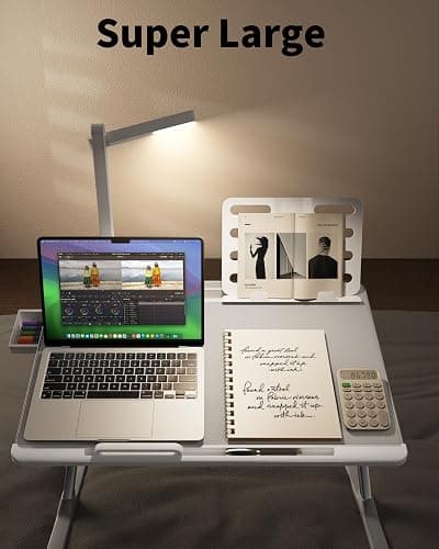 SAIJI Laptop Bed Tray Desk with LED Desk Light, Adjustable Laptop Stand for Bed, XX-Large PVC Leather Foldable Table with Book Stand, Wrist Rest, Extra Leg Room (Grey) thumbnail 4