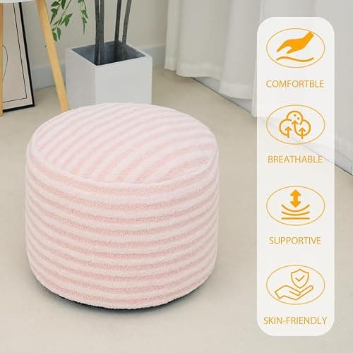 Round Pouf Ottoman Stuffed Foot Rest Stool, Floor Chair Poufs for Living Room Bedroom, Faux Fur Poufs with Foam Chunk Filling, Storage Ottoman Pouf 20 X 15 Inch Boho Poof for Couch, Pink & White thumbnail 6