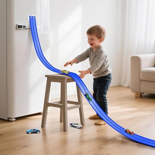 KETIEE Flex Tracks 16Ft for Kids: Flexible Race Car Ramp Track with 4 Small Racecars and 8 Suction Cups Compatible with Diecast 1/64th Cars, Rolls Up Portable Racetrack for Ages 3 & Up thumbnail 9