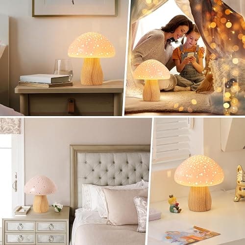 BOHON Mushroom Lamp, Ceramic Bedside Table Lamp for Bedroom Nightstand, Vintage Cute Night Light, Small Lamp for Living Room Kids Desk Home Decor Girls, LED Bulb Included, Pink thumbnail 7