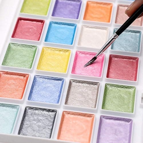 Artecho 28 Metallic Watercolor Paint Set, Glitter Colors, Semi-Moist Pearlescent Water color, Ideal for Beginners and Artists thumbnail 2