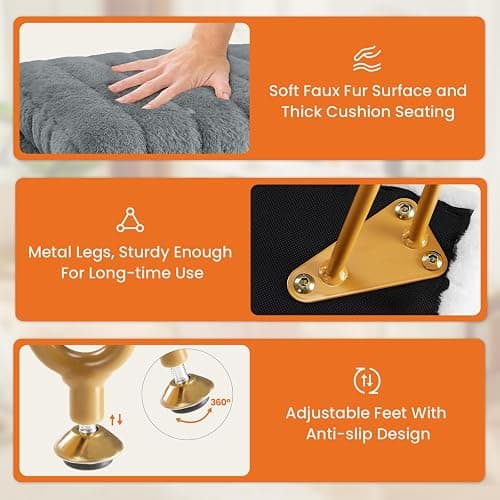 Sweetcrispy Vanity Stool Chair with Storage, 18.9”H x 16”L x 12.2”W Ottoman Chair Faux Fur Soft Padded Makeup Footstools Seat with 4 Metal Legs Anti-Slip Adjustable Feet for Make Up, Grey thumbnail 5