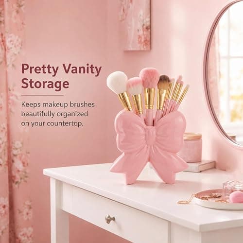 Jingmore Vase Coquette Ceramic Toothbrush Holder Vase Pen Makeup Brush Holder Contemporary Design Decorative Women Gift for Christmas Home Office Shelf Table Room(Small,Classic,Pink) thumbnail 6