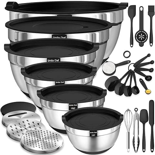 Umite Chef Mixing Bowls with Airtight Lids, 26Pcs Stainless Steel Bowls Set, 3 Grater Attachments & Black Non-Slip Bottoms Size 7, 4, 2.5, 2.0,1.5, 1QT, Great for Mixing & Serving - Image 1