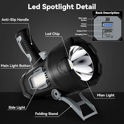 Rechargeable Spotlight 200000 Lumens, Waterproof Super Bright Spotlight Flashlight, LED Spotlights with 3 Color Lenses and Foldable Stand, Long Runtime Large Handheld Spot Light for Outdoor Boating thumbnail 7