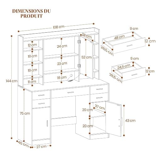 HEXCELEN 108 cm Coiffeuse avec Miroir et Lumières LED, Blanc | Luminosité Réglable, Tiroirs, Armoire et Étagères Ouverts, Table de Maquillage, Miroir avec Étagères Cachées thumbnail 2