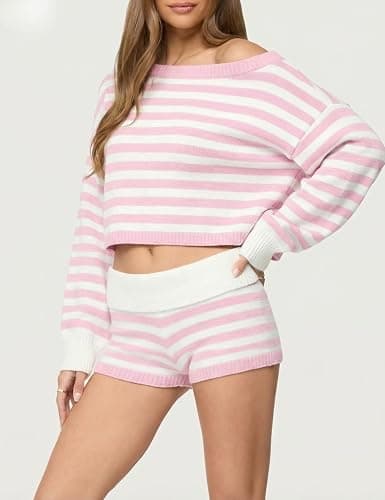 Tanming Women's Striped Sweater Sets Long Sleeve Off Shoulder Knit Pullover Top Casual Fold Over Shorts Sets thumbnail 3