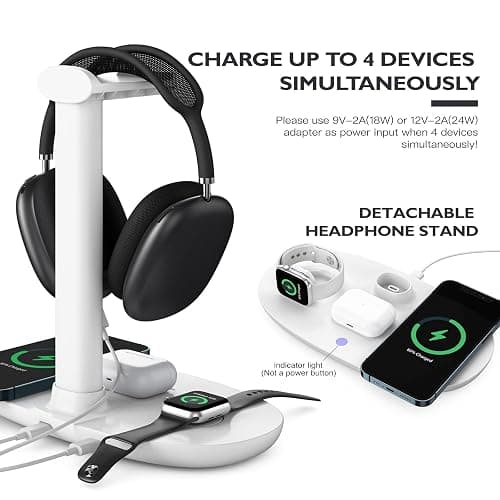 Headphone Stand with 15w Wireless Charger, Suguder 4 in 1 Charging Station Headset Holder for AirPods Max/Pro/4/3/2 iWatch 10/9/8/7/6/5/4/3/2/1/SE iPhone 17/16/15/14/13/12/11/X for Desktop Table Game thumbnail 3