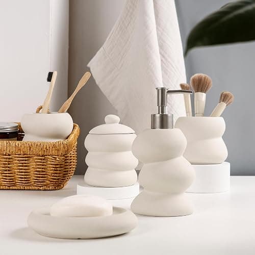 Bathroom Accessory Set 5PCS, Ceramic Bathroom Accessories Set, Irregular Shape Small Bathroom Sets Accessories Complete, Home Apartment Minimalist Decor Vanity Countertop, Beige, ANTIS'S HOME thumbnail 6