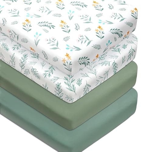 4 Pack Sage Green Fitted Nursery Sheets Neutral Unisex Baby Breathable Sheets for Boys or Girls with Leaf and Flower Design (Crib Sheet) - Image 1