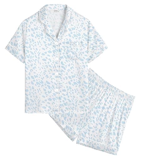 SWOMOG Girls Silk Pyjamas Short Sleeve Button-Down Sleepwear Kids 2 Pieces Satin PJ Sets Print Pyjama Sets - Blue Leopard - 12-13 Years