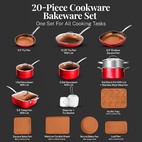 Gotham Steel 20 Pc Pots and Pans Set Nonstick Cookware + Bakeware Set, Complete Ceramic for Kitchen, Non Stick with Lids, Dishwasher / Oven Safe, Toxic - Red thumbnail 2