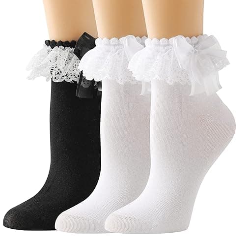AMHRLINGTO Lace Ruffle Frilly Socks for Women - Lace Ankle Socks with Bow - Image 1