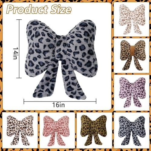GKWW Leopard Print Throw Pillow Furry Bow Plush Pillows Cute Flower Plush Pillow Cheetah Home Decor Stuffed Bow Lumbar Pillow for Bed Couch Living Room Decor (Blue, 16in) thumbnail 2