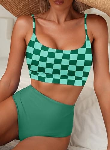 Herseas 2 Piece High Waisted Bikini Set for Women 2025 Spaghetti Straps Swim Top with Reversible Bottom Bathing Suit - Large - Green Checkerboard thumbnail 2