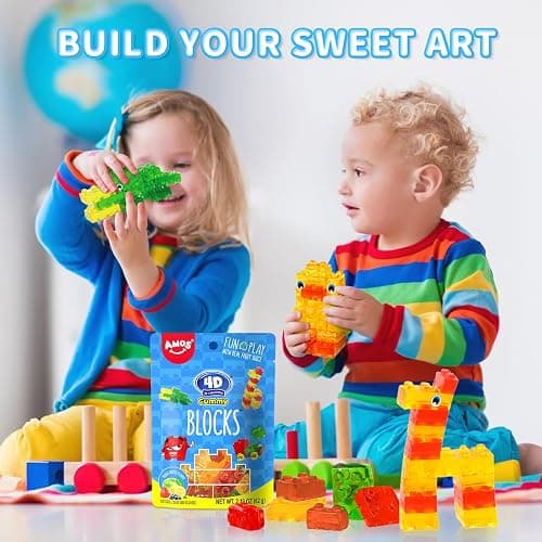 AMOS 4D Gummy Blocks Candy Bricks, Edible Building Blocks, Themed Novelty Candy for Kids Birthday Party, Cupcake Topper, Resealable 2.19oz Bag (Pack of 3) thumbnail 6