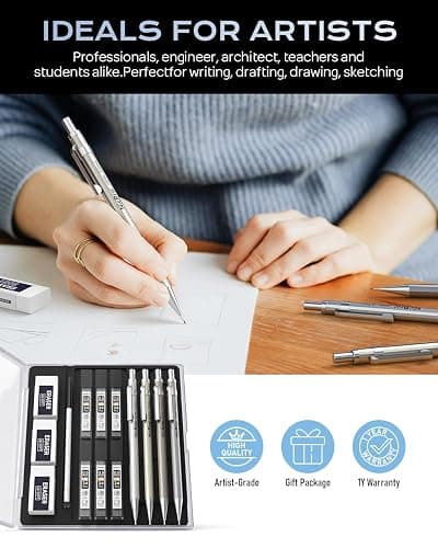Nicpro 4 Pack Mechanical Pencil 0.5 mm with Case, MB1000 Metal Mechanical Pencil Set with 6 Tube HB #2 Lead Refill 0.5mm, 3PCS 4B Eraser, 9 Cap Eraser for Artist Drafting Writing, Sketching, Drawing thumbnail 7