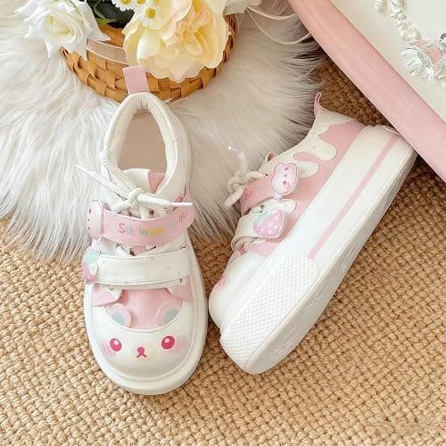 OJQIH Strawberry Bear Sneakers for Women Kawaii Canvas Shoes Cute Lolita Style Hook-and-Loop Strap Aesthetic Platform Loafers Girls Fancy Casual Walking thumbnail 6