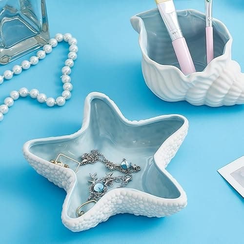 Koyzsen Starfish Jewelry Dish Ceramic Holder Ring Trinket Tray, Ocean-themed Decorative Trinket Dish, Suitable for Mother Friend Sister, Gifts for Women, Home Decor Trinket Dish(Sea Blue) thumbnail 5