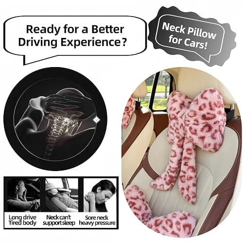 UINSUE Car Neck Pillow 2PCS Plush Bowknot Car Headrest Pillow – Comfortable Neck Support for Driving Soft Touch Fabric Car Pillow Cute Girl-Style Interior Decor (Pink Leopard) thumbnail 4