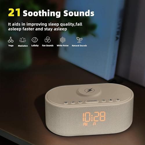 Odokee Sound Machine Alarm Clock for Bedrooms with Wireless Charging | Dimmable Clock with Bluetooth Speaker - White Noise Machine for Sleeping with 21 Soothing Sounds for Baby Adults Kids - Putty thumbnail 4
