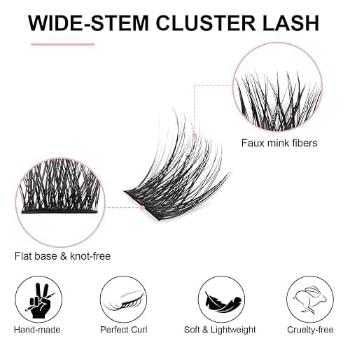 KISSXIAOYA Cluster Lashes Extensions, 144Pcs Individual Cluster Lashes D Curl 14mm, Wide Stem Cluster Eyelashes Soft Natural False Eyelashes Cluster DIY Eyelash Extension At Home (144pcs, 13mm) thumbnail 2