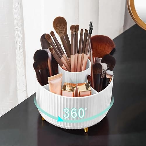 Diesisa Makeup Brush Holder Organizer,360° Rotating Makeup Brush Organizer,5 Slot Make up Brushes Cup for Cosmetics, Nail Polish, Art Supply, Bathroom Vanity Desktop Organizer - White - Image 1