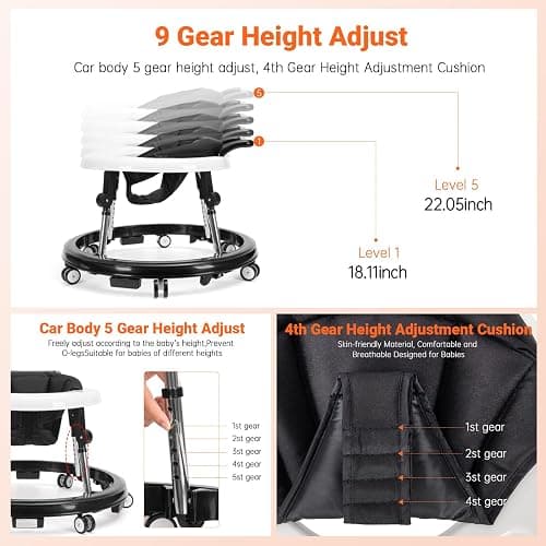 Baby Walker Foldable with 9 Adjustable Heights, Baby Walker with Wheels Portable, Infant Toddler Walker for Baby Boy Girls 6-18 Months (Black) thumbnail 4