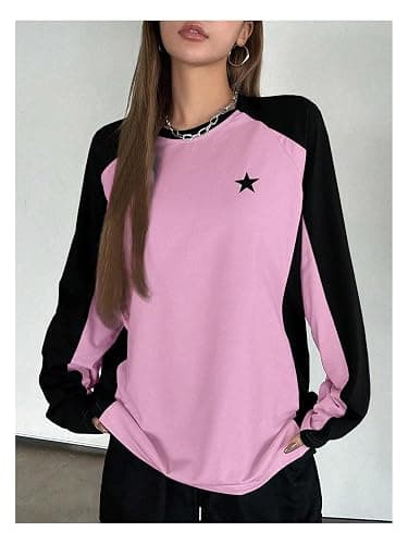 SHENHE Women's Color Block Crew Neck Star Graphic Raglan Shirt Loose Long Sleeve Tee Top thumbnail 3