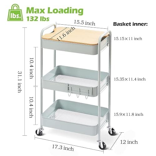 TOOLF 3 Tier Rolling Cart, Metal Utility Cart with Wheels & Wooden Top, Diaper Organizer Cart, Rolling Craft Storage Cart, Serving Trolley Cart for Kitchen, Office, Bathroom, Baby Nursery, Green - Green thumbnail 6