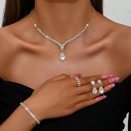 IS4U Rhinestone Water Drop Set for Women Bridal Wedding Vintage Colourful Crystal Zircon Statement Necklace Ring Earrings Bracelet Set Party Dress Ball Fashion Jewellery thumbnail 4