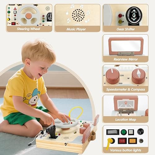 Joyreal Toddler Busy Board with LED Lights, Steering Wheel, Sounds, Montessori Toys for 1+ Year Old, Fidget Board Sensory Travel Toy, Gifts for Boys and Girls thumbnail 4