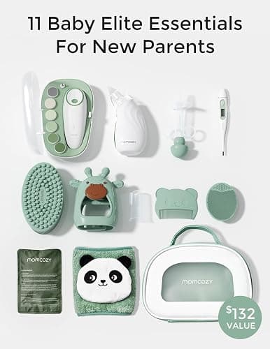 Momcozy Elite Baby Kit, Superior Baby Shower & Registry Essential Kit for Grooming & Health & Cleansing Care, Electric Nail File & Nasal Aspirator,Tummy Wrap,Thermometer,Bath Brush,Teether,Storage Bag thumbnail 2