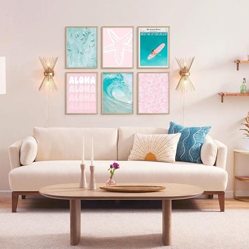 Coastal Wall Art Beach Canvas Poster Summer Surf Wall Decor Pink and Bule Pictures Preppy Aesthetic Prints Ocean Granddaughter Artwork Surfboard Starfish Painting for Girls Bedroom 8x10 Inch Unframed thumbnail 8