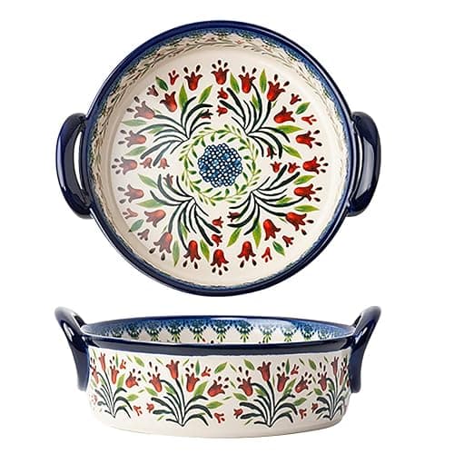 Bicuzat Vintage Style Tulip Flower Pattern Ceramic Bakeware Casserole Dish Baking Pan Lasagna Pans Baking Dish with Handles for Oven/Cooking/Kitchen-1 PCS-32 OZ - Image 1