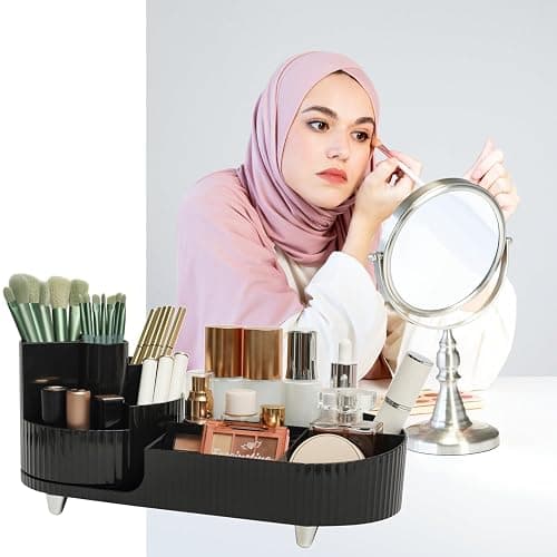 Makeup Organizer Countertop Rotating Makeup Organizer for Vanity Large Capacity Cosmetic Display Case with Makeup Brush Holder Cosmetic Organizer Countertop（Black） thumbnail 5