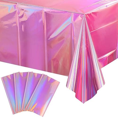 4 Pack Iridescent Pink Plastic Tablecloths, FunnyPars Shiny Disposable Laser Rectangle Table Covers, Holographic Foil Tablecloth Iridescent Party Decorations for Kpop Birthday Wedding Xmas, 54x108Inch - Image 1