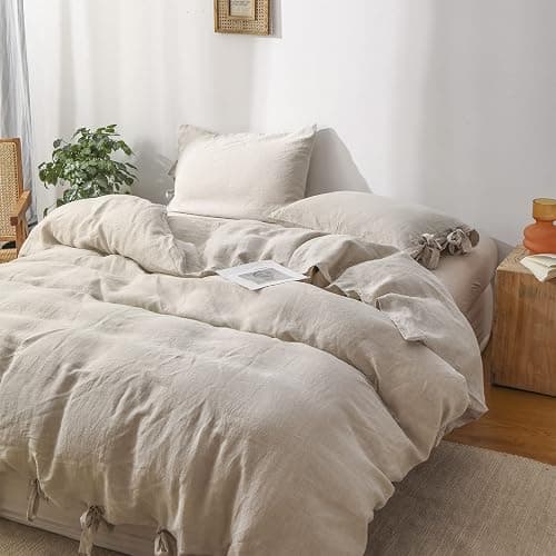 Simple&Opulence 100% Linen Duvet Cover Set, 3 Pieces Belgian Flax Breathable Bedding, Queen Size 88''x92'' (1 Comforter Cover+2 Pillowshams) with Tie Closure Style,Linen thumbnail 9