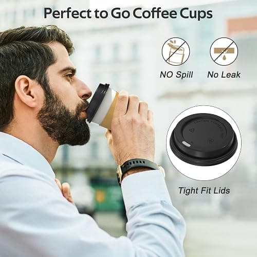 Dealusy 100 Pack 12 oz Disposable Coffee Cups with Lids and Sleeves, Sturdy Thick Paper & Leak-free Insulated to Go Paper Hot Coffee Cups with Sip Lids for Hot & Cold Beverage | with Lids, and Sleeves, Sturdy, Leak-free, Insulated, to Go Coffee Cups thumbnail 5