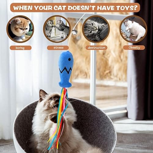 Natural Wood Cat Wand Toy with Ribbon Fish Teaser - 3pcs, 16 Inch, Indoor Cat Exerciser & Playing Kitten Toy, Bonus 5pcs Catnip Sticks for Teeth Cleaning thumbnail 4