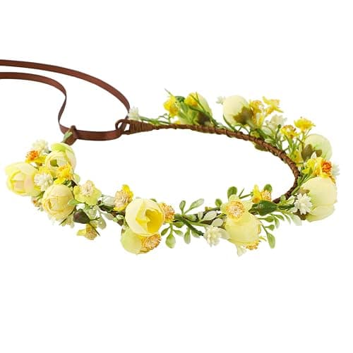 KorViSHOW Handmade Flower Crown Floral Headpiece Green Leaf Headband Wedding Flower Crowns for Bride Floral Garland Hair Wreath Birthday Party(Yellow Style) - Image 1