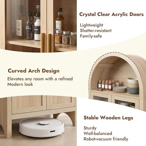 VATROS 71" Tall Arched Storage Cabinet with 2 Doors and 5 Shelves, Modern Pantry Cabinet with Transparent Doors, Floor Cabinet for Living Room, Kitchen, Dining Room, Bathroom, Nature Wood thumbnail 4