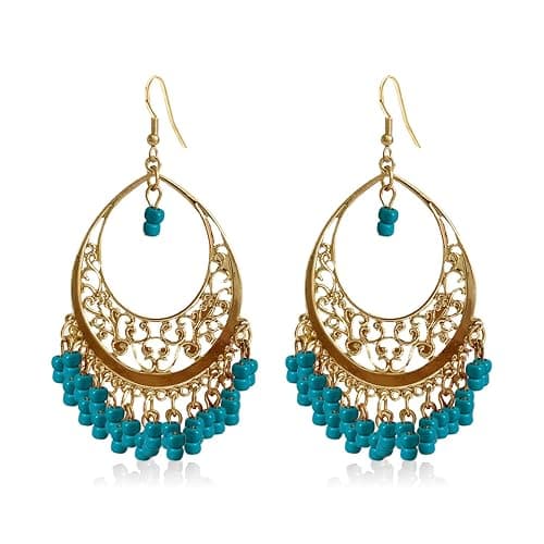 KVANU Handmade Creative Colorful Bohemian Chandelier Teardrop Bead Dangle Drop Earrings Ethnic Gypsy Beads Tassel Hoops Earrings for Women - Image 1