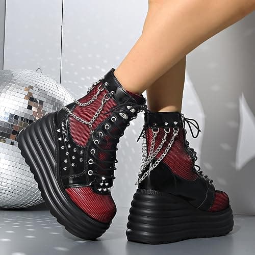 SONALOONG Goth Chunky Ankle Boots for Women - Bat Buckle DIY Platform,Zip Round Toe Lace Up Combat Bootie, Wedge Rave Boots Black Punk Shoes - Light Weight & Waterproof thumbnail 6