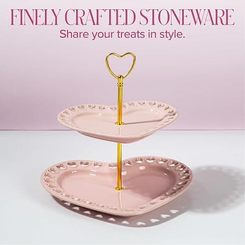 Paris Hilton 2-Tier Heart Serving Tray, Iconic Ceramic Stoneware with Metal Handle, Easy Assembly for Stylish Display, 9-Inch and 7-Inch Plates, Pink thumbnail 5