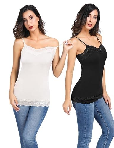 Kate Kasin Women's Adjustable Spaghetti Strap Lace Trim Cami Tunic Tank Top 2PACK thumbnail 3