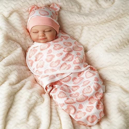 BABESIDE 4 Pcs Reborn Baby Doll Blanket with Doll Accessories Set for 17-24 Inch Babydolls, Heart Patterns Baby Doll Swaddle Blanket with Hat Gloves for Realistic Dolls Girl, Pink thumbnail 6