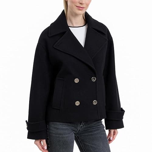 Michael Kors Women's Double Button Short Peacoat With Faux Wool, Stylish Wool Coat for Women, Belted Wrap Design - Image 1