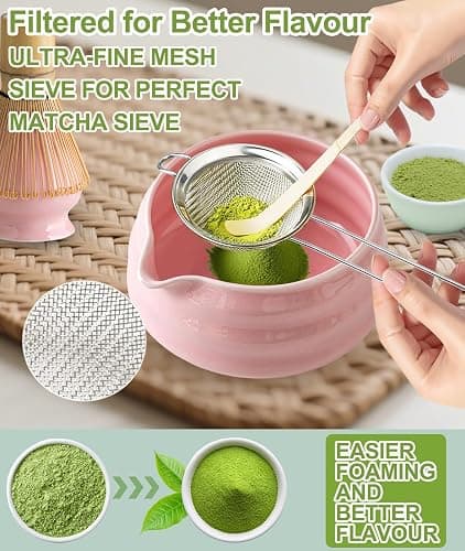 JBER Matcha Kit 7 Pièces, Matcha Set - Fouet Matcha Bambou, Bol à Matcha, Support pour Fouet, Cuillère et Tamis, Kit Matcha pour Cérémonie du Matcha - Rose thumbnail 3